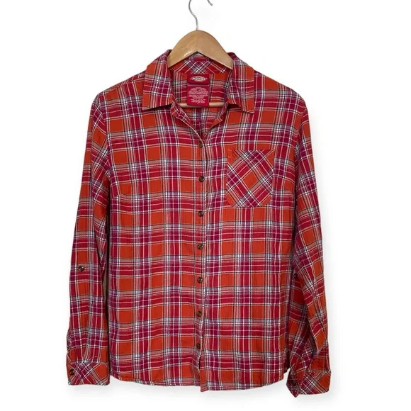 Dickies Orange Red Plaid Flannel Button Down Shirt Women’s Size L - Picture 2 of 11